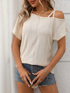 Eyelet Asymmetrical Shoulder Short Sleeve T-Shirt