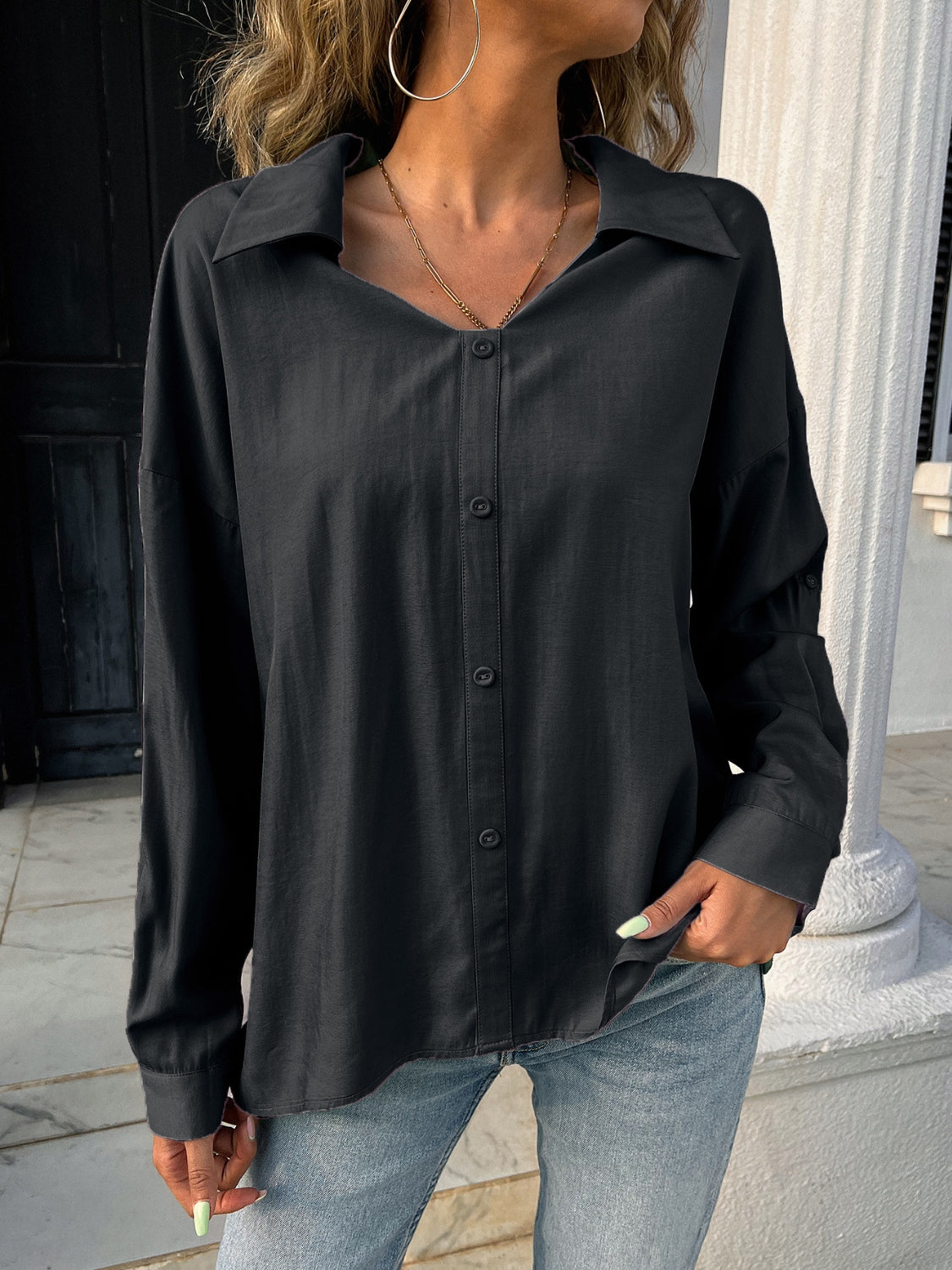 Button Down Collared Neck Long Sleeve Shirt - felvior