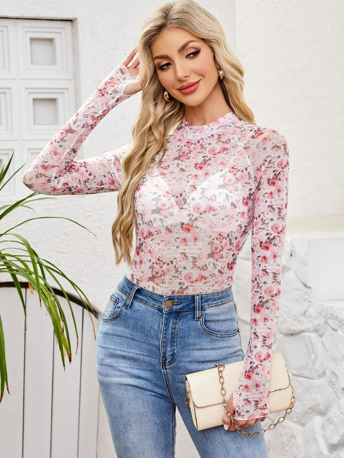 Floral Mock Neck Long Sleeve Top