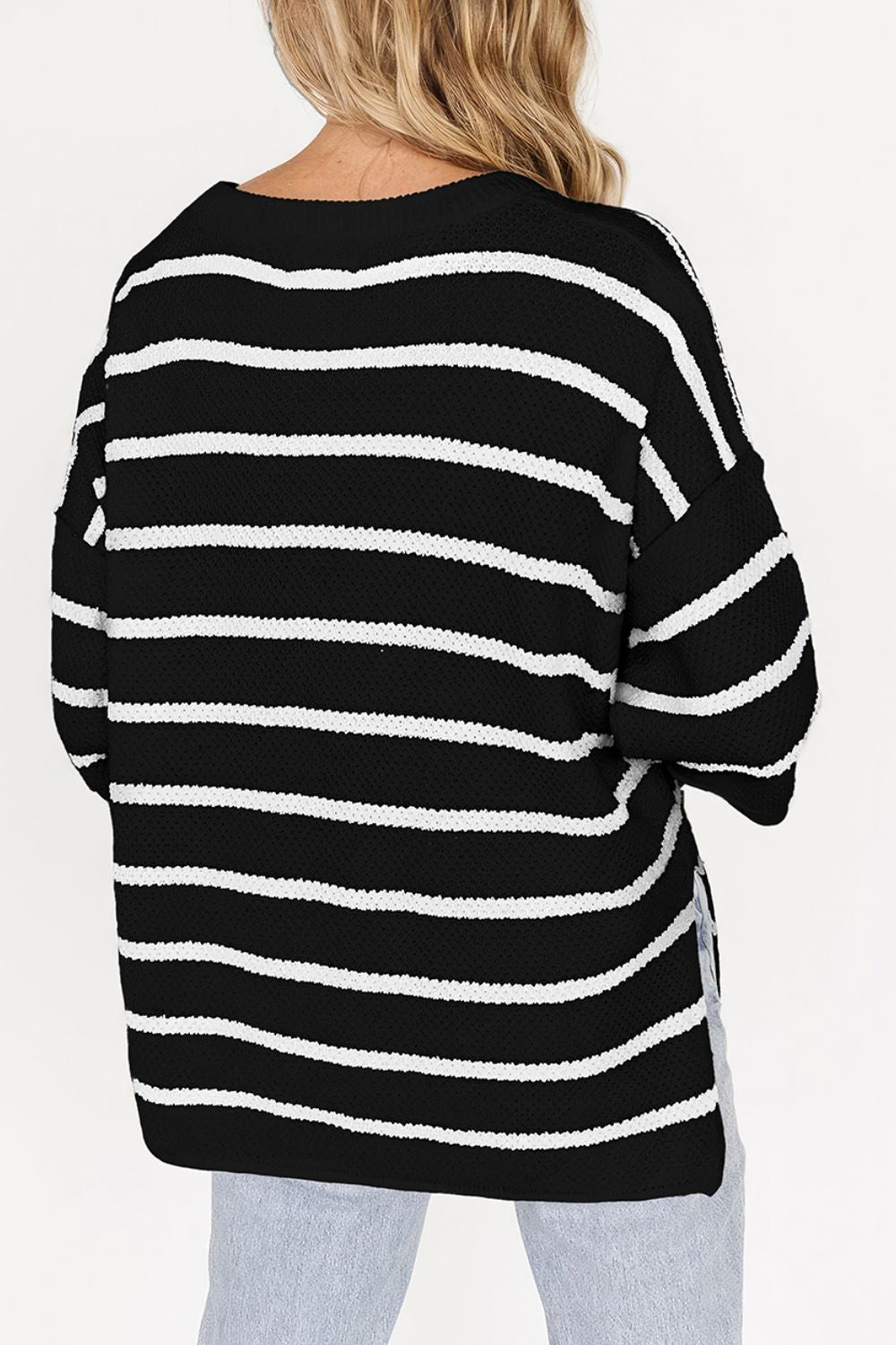 Stripe Drop Shoulder Side Slit Knit Top - felvior
