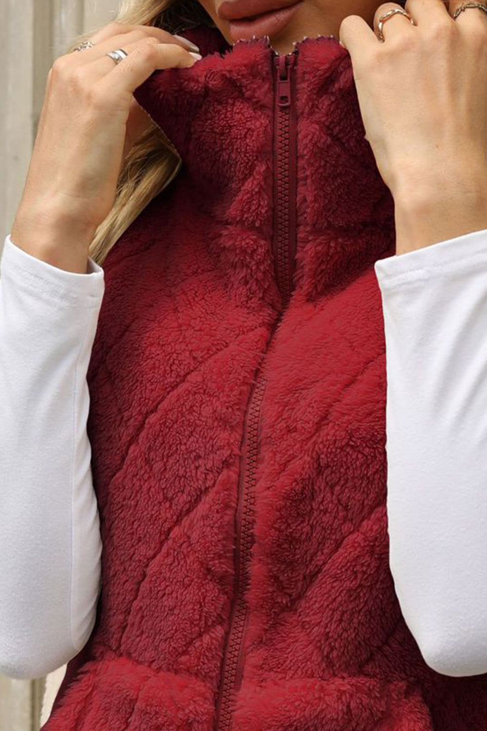 Fuzzy Plaid Texture Zip Up Vest Coat - felvior