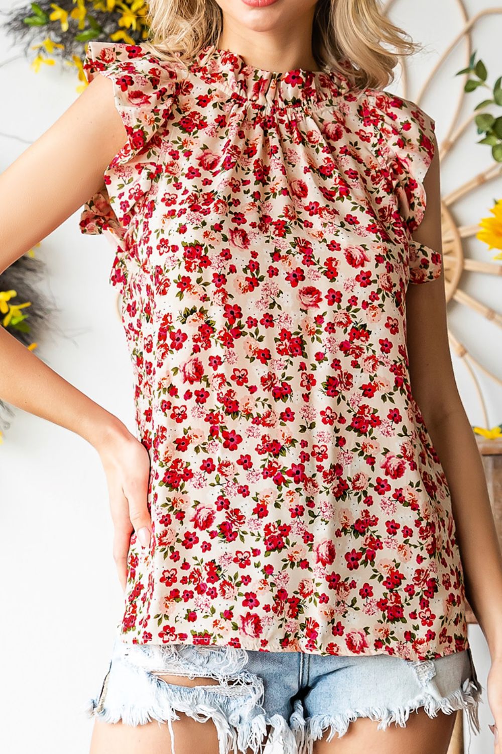 Ruffled Floral Round Neck Cap Sleeve Blouse - felvior