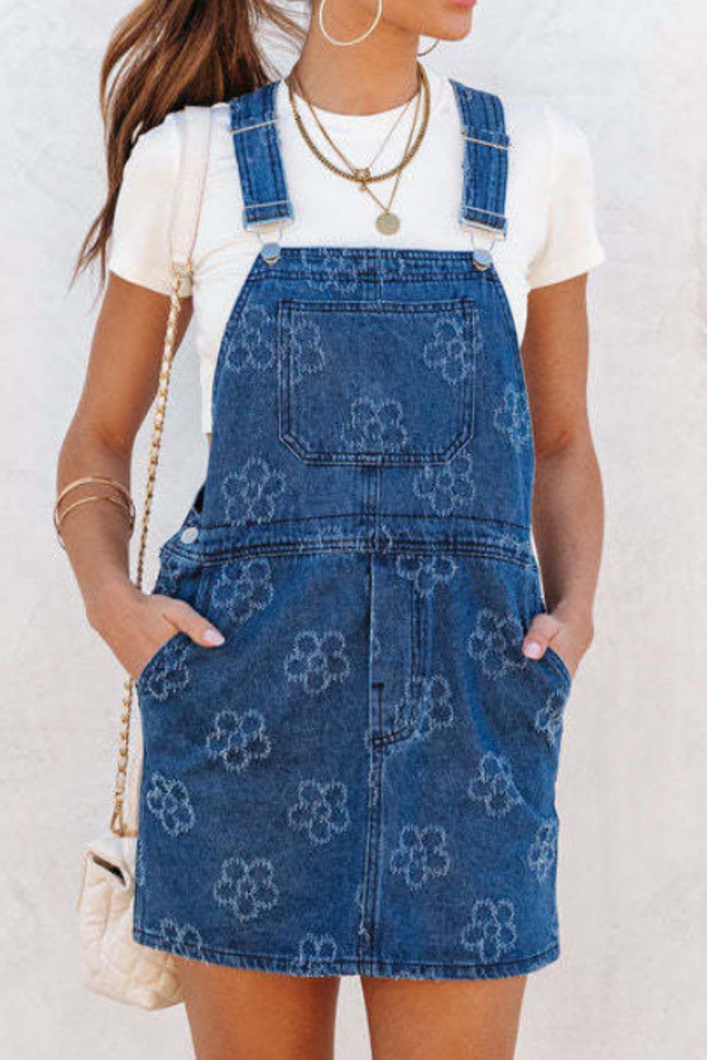 Flower Print Square Neck Denim Overall Dress - felvior