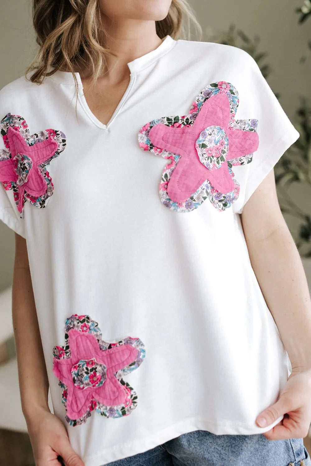 Floral Applique Notched Dolman Sleeve Top