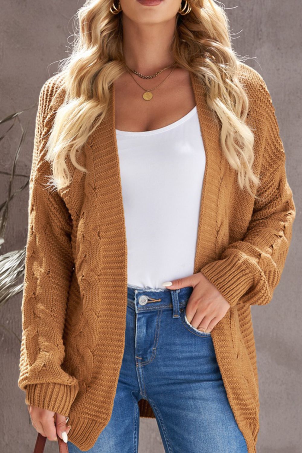 Cable-Knit Open Front Cardigan - felvior