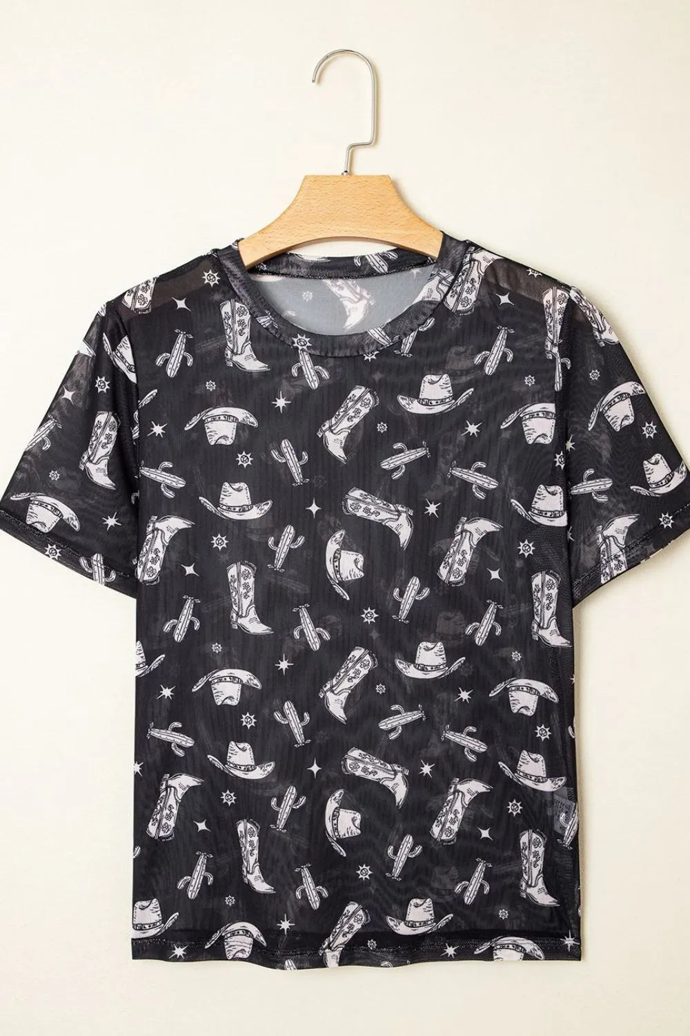 Western Pattern Mesh Sheer Crew Neck Top