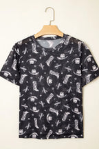 Western Pattern Mesh Sheer Crew Neck Top