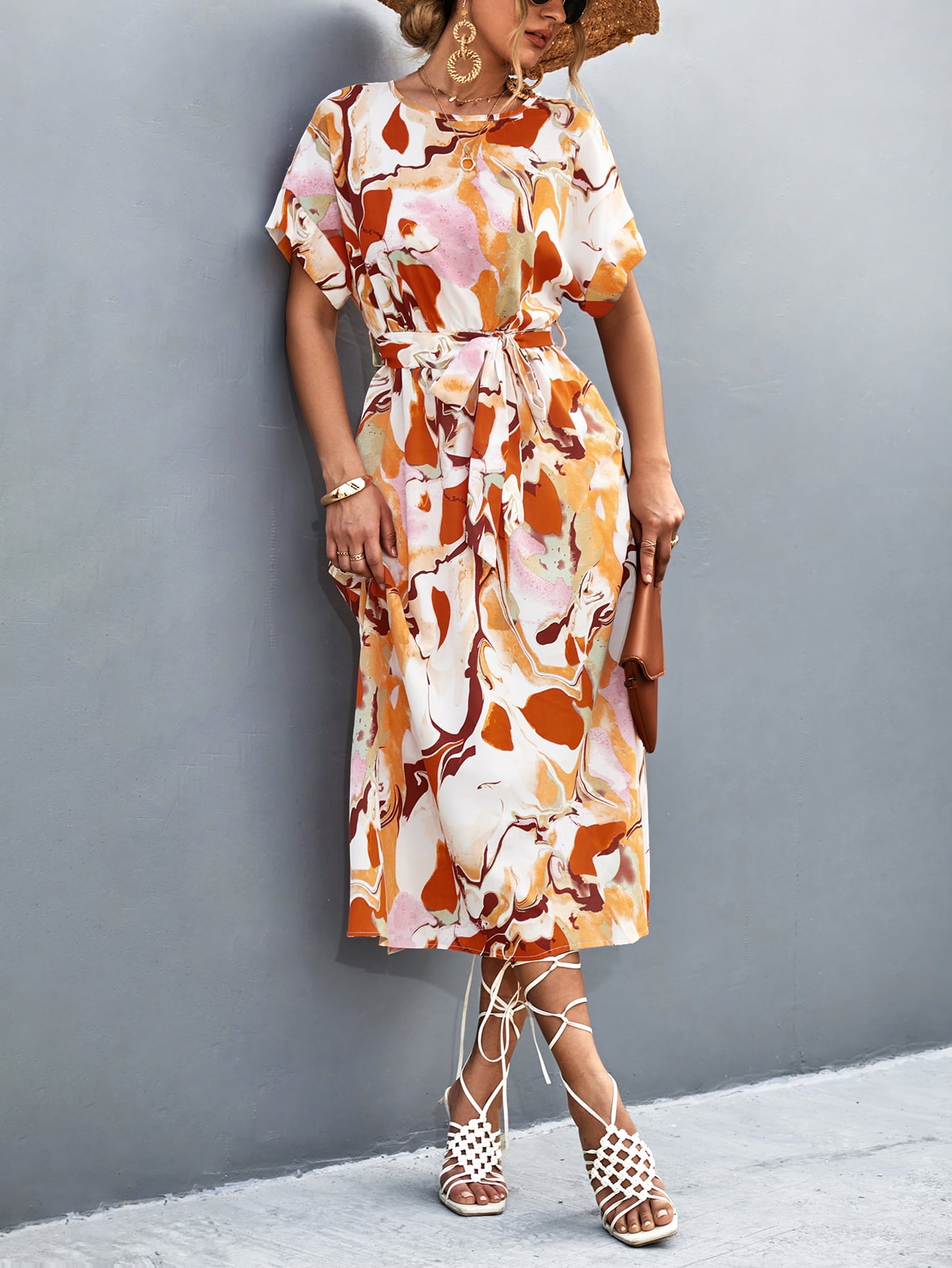 Round Neck Short Sleeve Tie Waist Midi Dress - felvior