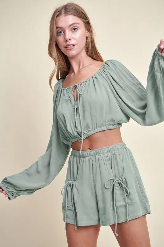 MABLE Gauze Long Sleeve Button Crop Top and Short Set - felvior