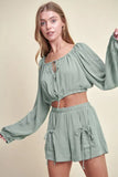MABLE Gauze Long Sleeve Button Crop Top and Short Set - felvior