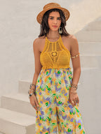 Openwork Halter Neck Floral Wide Leg Jumpsuit