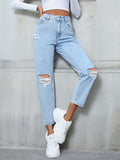 Distressed High Rise Jeans with Pockets - felvior