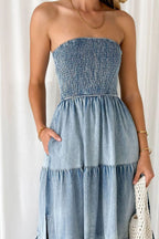 Smocked Tube Slit Tiered Denim Dress