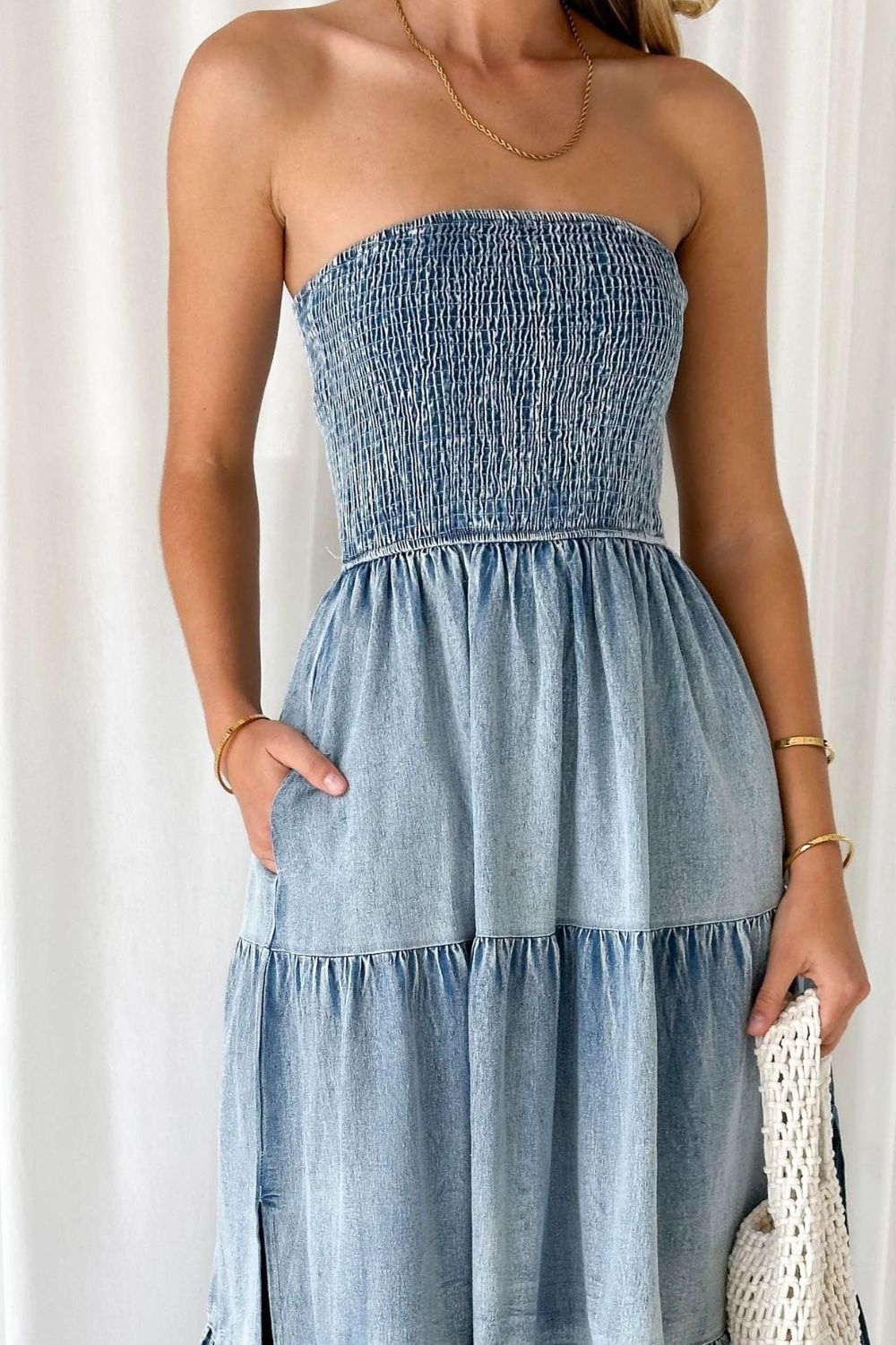 Smocked Tube Slit Tiered Denim Dress