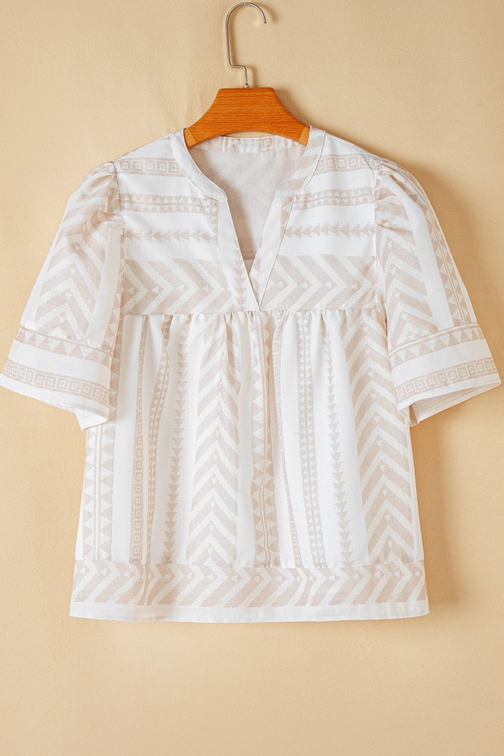 Geometric Jacquard Notched Half Sleeve Blouse