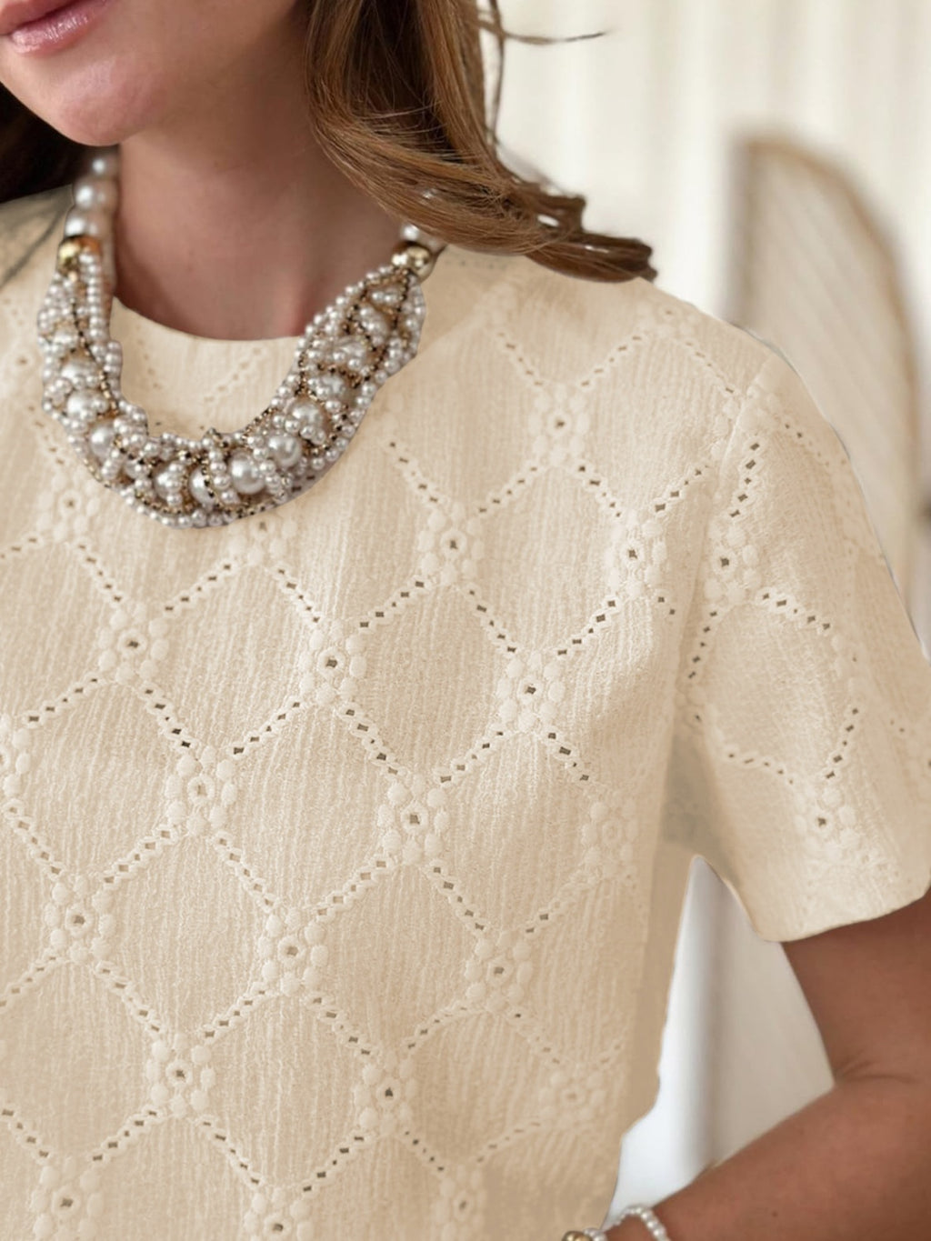 Eyelet Round Neck Short Sleeve Top