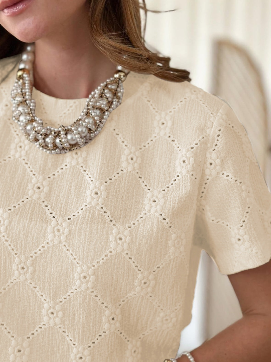 Eyelet Round Neck Short Sleeve Top