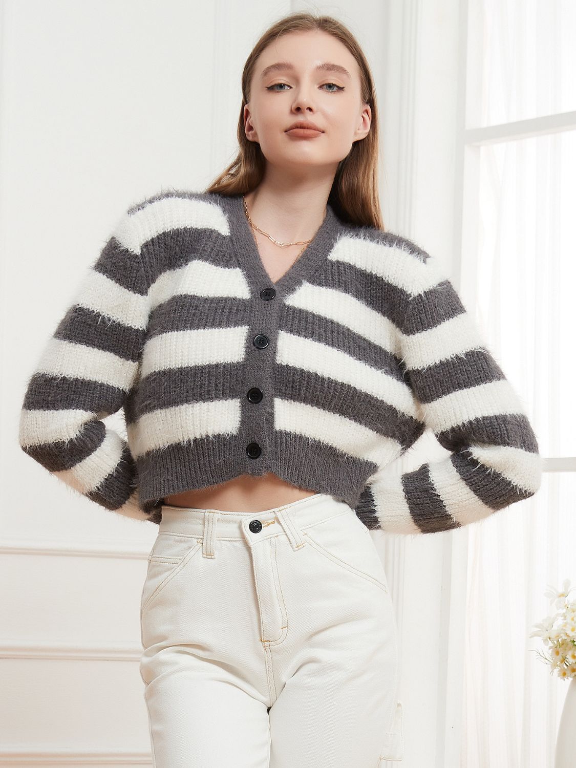 Button Down V-Neck Striped Cardigan - felvior