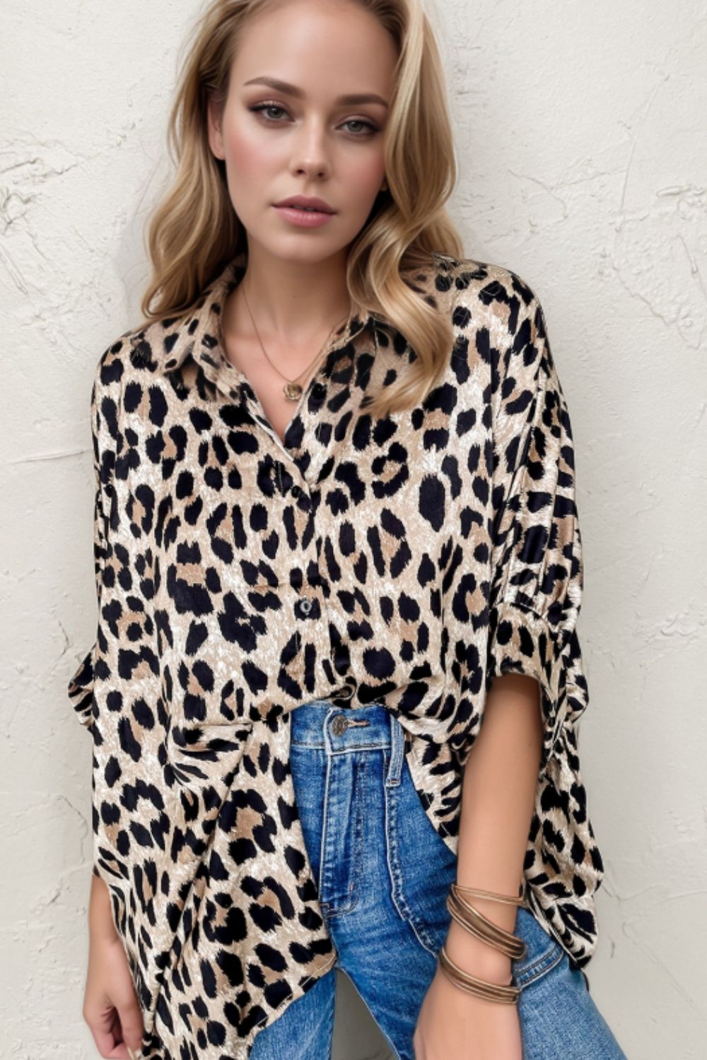 Leopard Print Buttoned 3/4 Sleeve Loose Fit Shirt