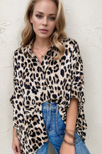 Leopard Print Buttoned 3/4 Sleeve Loose Fit Shirt