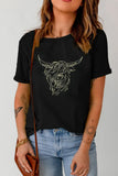 Bull Head Embroidered Round Neck T Shirt - felvior