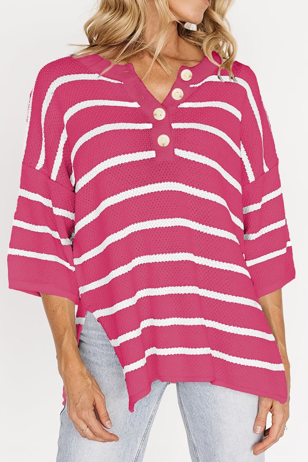 Stripe Drop Shoulder Side Slit Knit Top - felvior