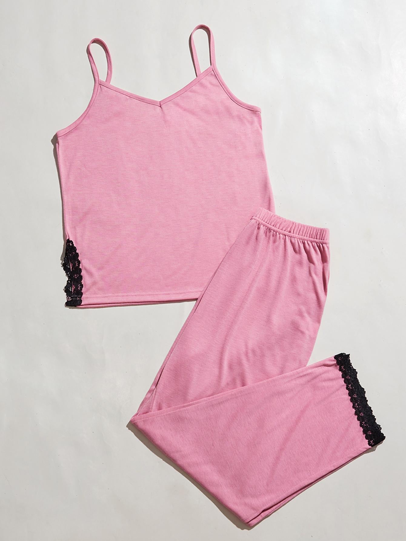 V-Neck Lace Trim Slit Cami and Pants Pajama Set - felvior
