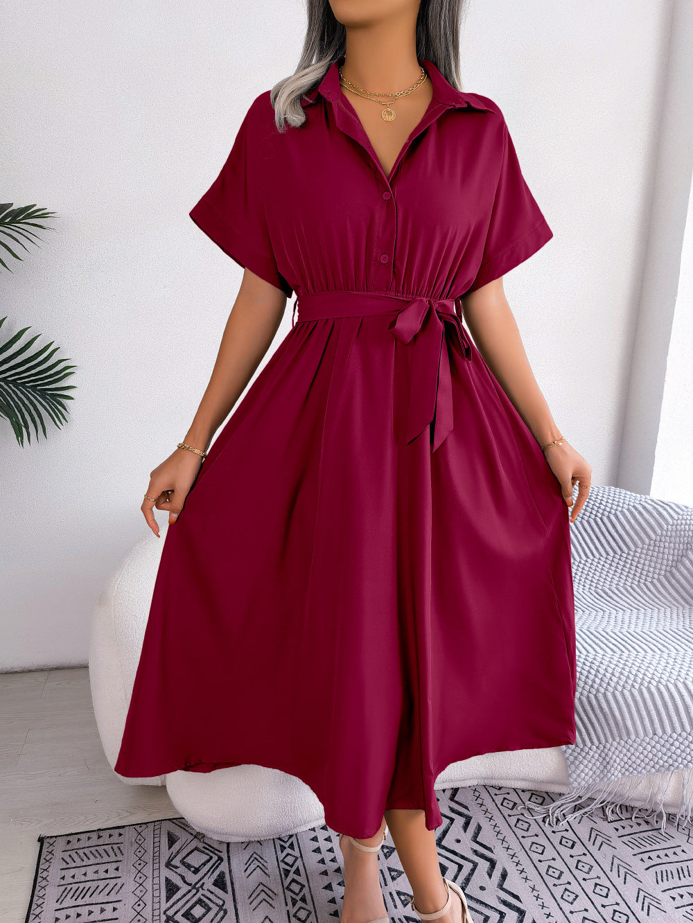 Short Sleeve Collared Tie Belt Dress - felvior