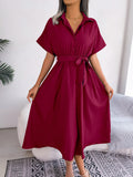 Short Sleeve Collared Tie Belt Dress - felvior