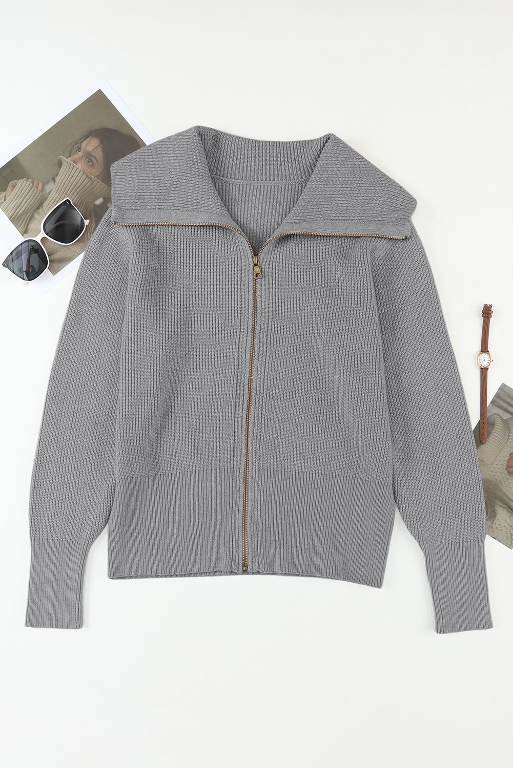Zip Up Long Sleeve Cardigan - felvior