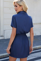 Drawstring Collared Neck Short Sleeve Denim Dress