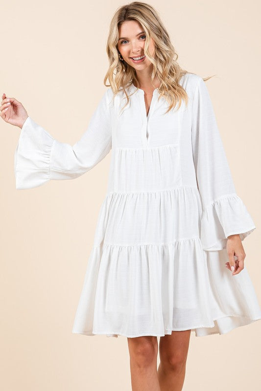Mittoshop Tiered Notched Flare Sleeve Dress - felvior