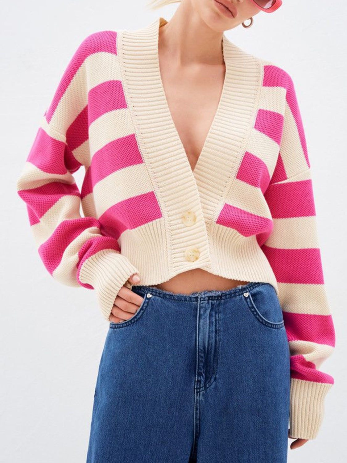 Striped Button Down Drop Shoulder Cardigan Hauptbild