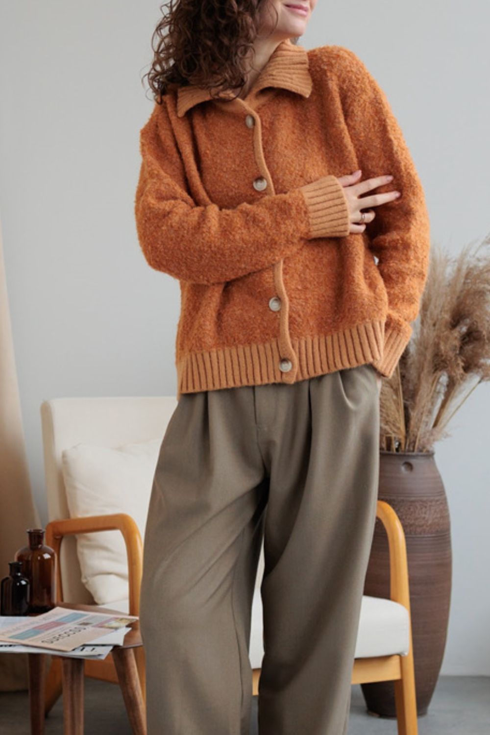 Collared Neck Button Down Long Sleeve Cardigan - felvior