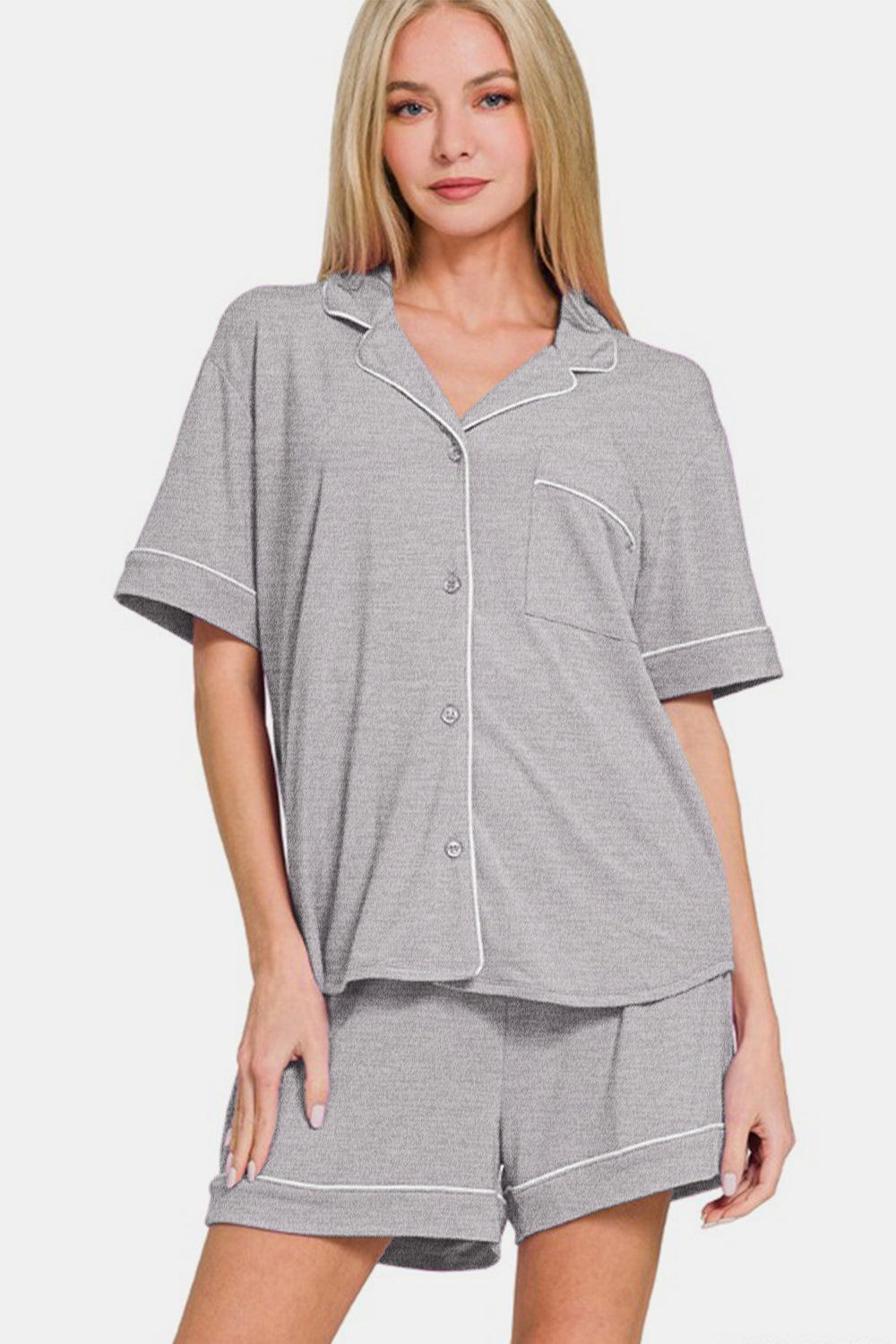 Zenana Button Down Short Sleeve Top and Shorts Lounge Set - felvior