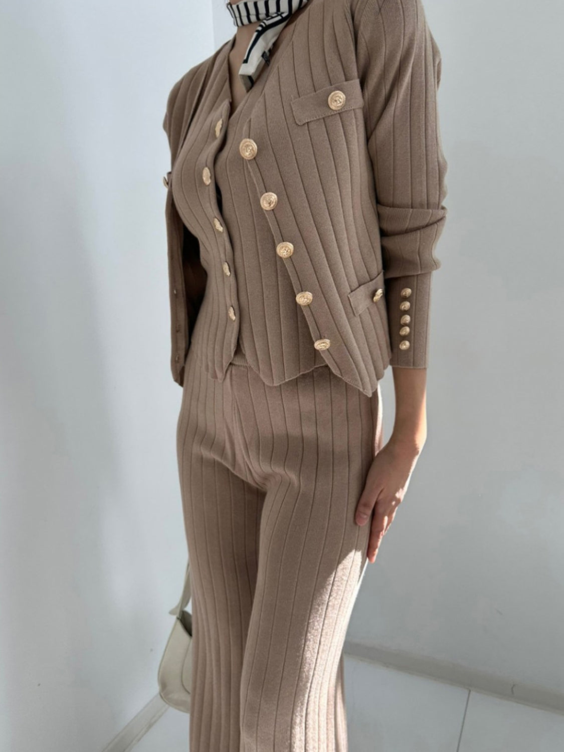 V-Neck Tank, Cardigan and Pants Three-Piece Sweater Set - felvior