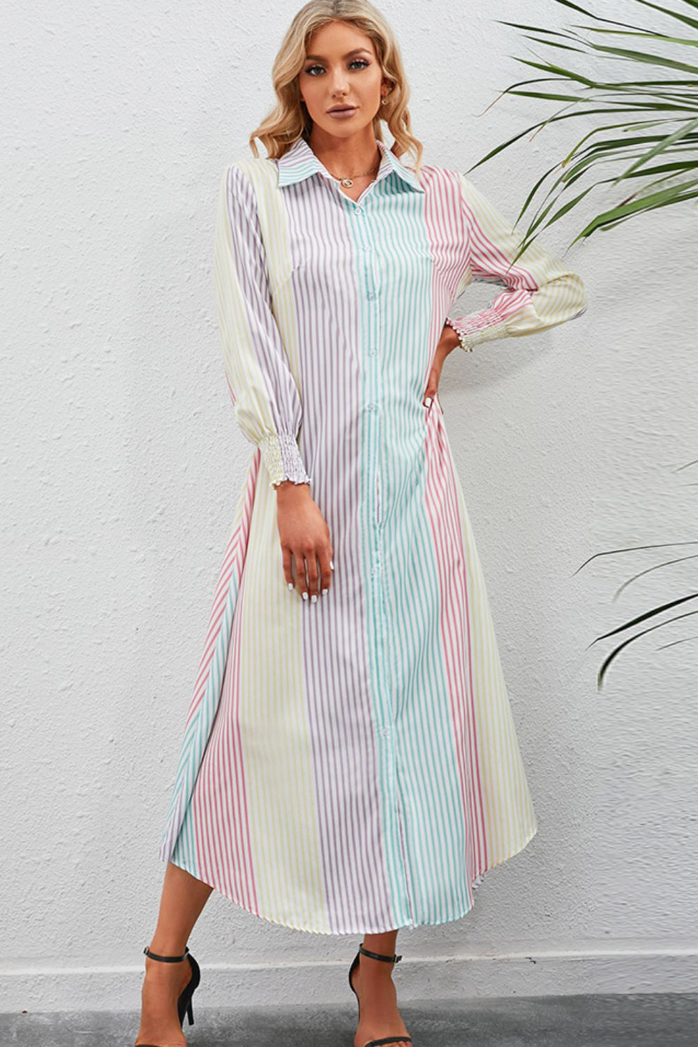 Rainbow Stripe Button-Up Maxi Shirt Dress - felvior