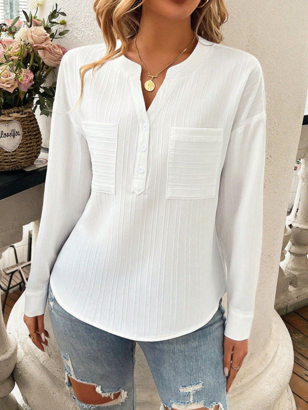 Devine Pocketed Notched Long Sleeve Blouse