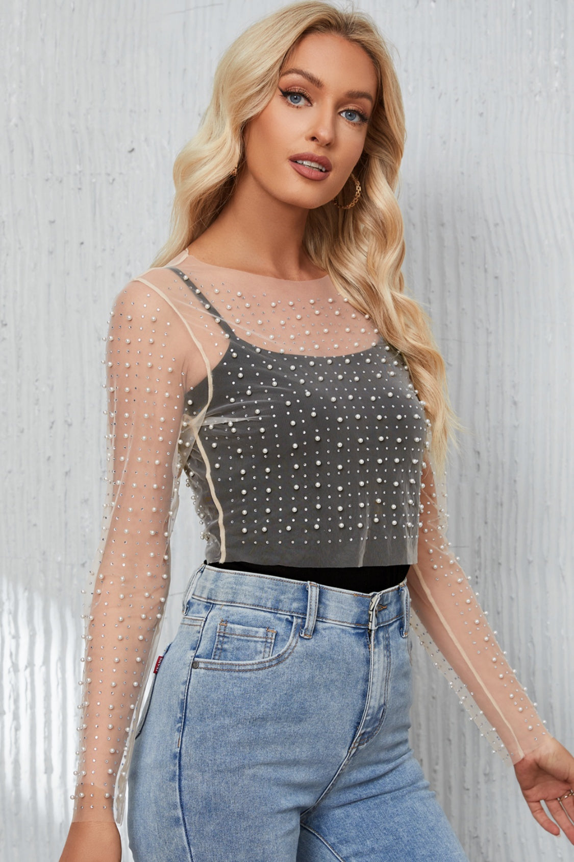 Pearl Long Sleeve Mesh Cropped Top - felvior