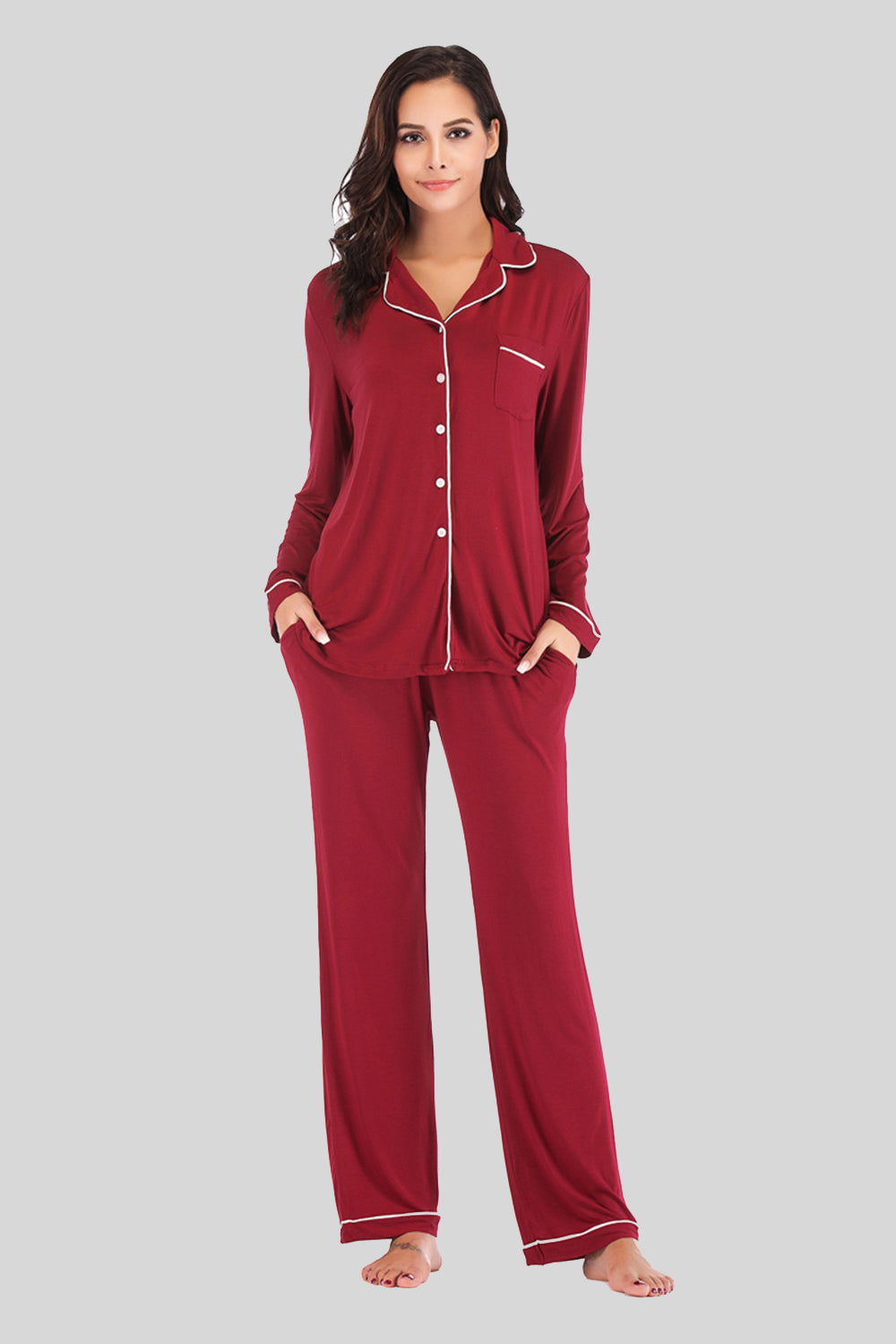 Collared Neck Long Sleeve Loungewear Set with Pockets - felvior