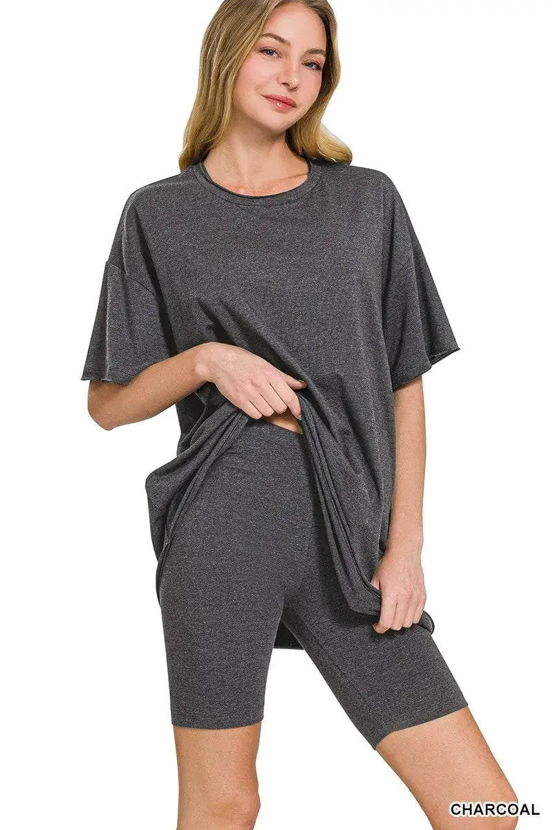 Zenana Cotton Round Neck Top & Biker Shorts