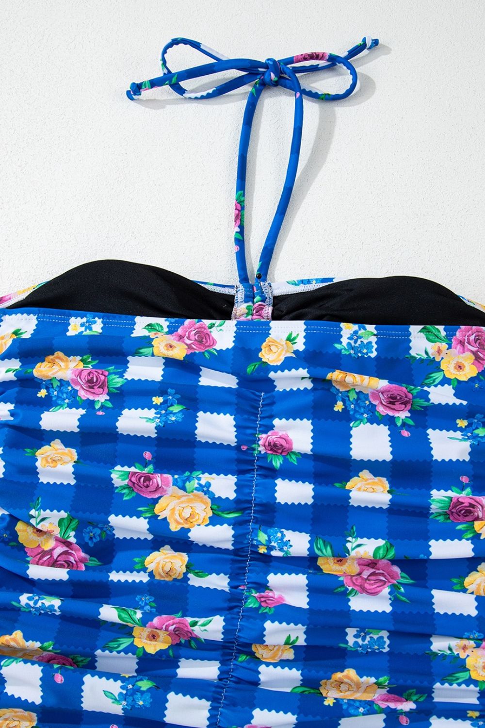 Floral Gingham Halter Neck Drawstring One Piece Swimwear - felvior