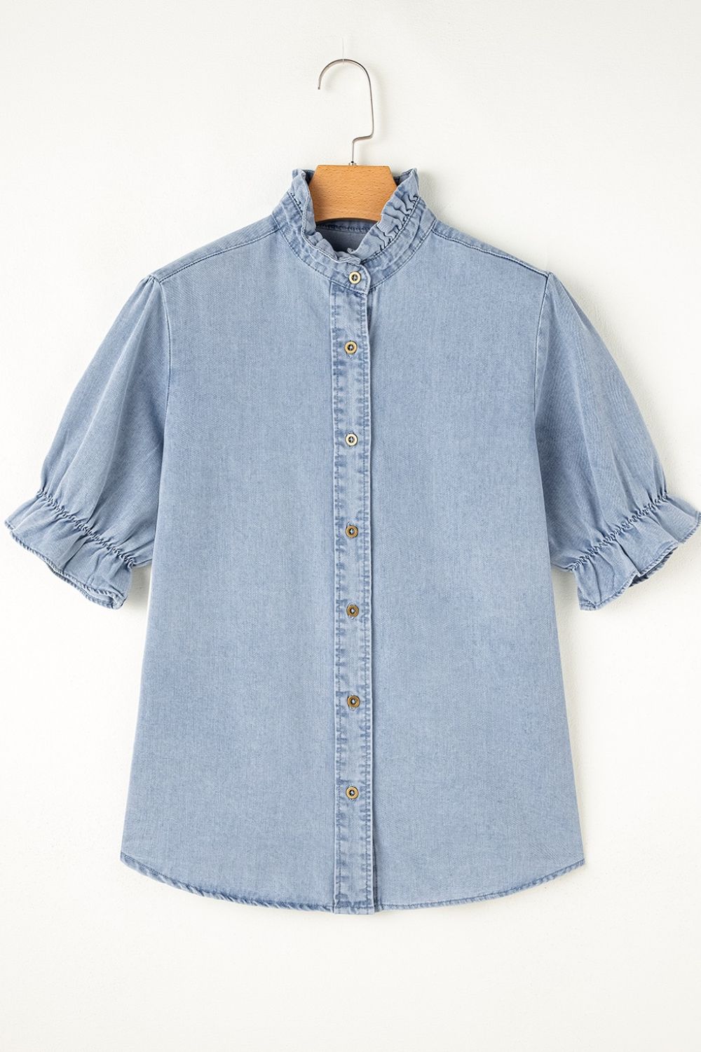 Ruffle Short Puff Sleeve Button Down Denim Shirt - felvior