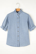 Ruffle Short Puff Sleeve Button Down Denim Shirt