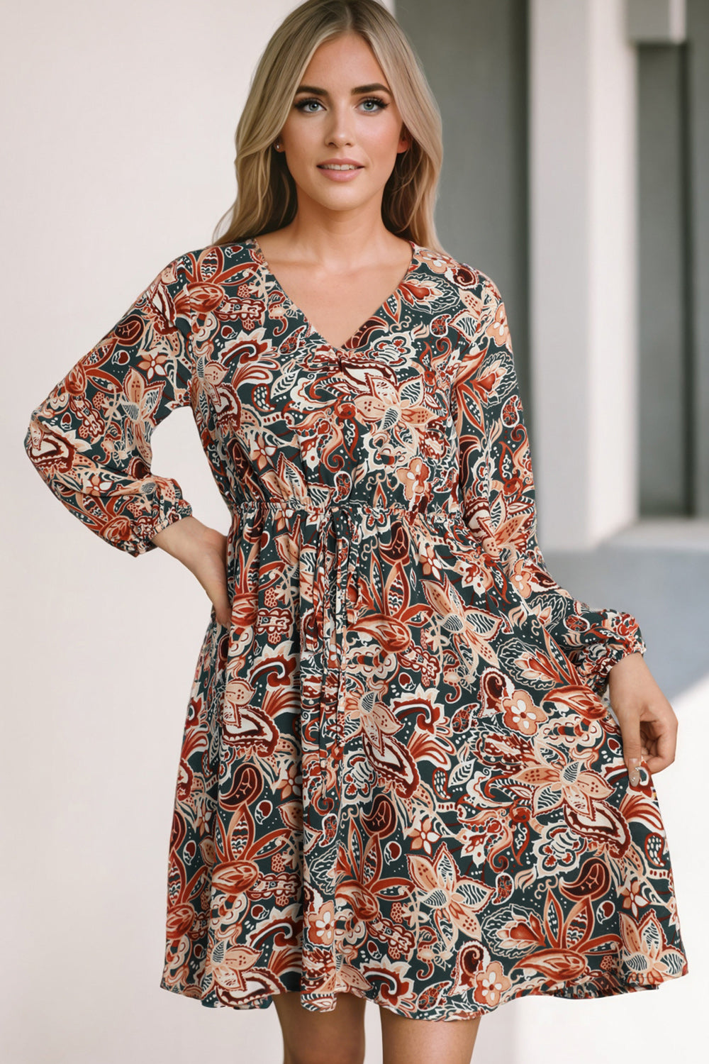 Printed V-Neck Mini Dress - felvior