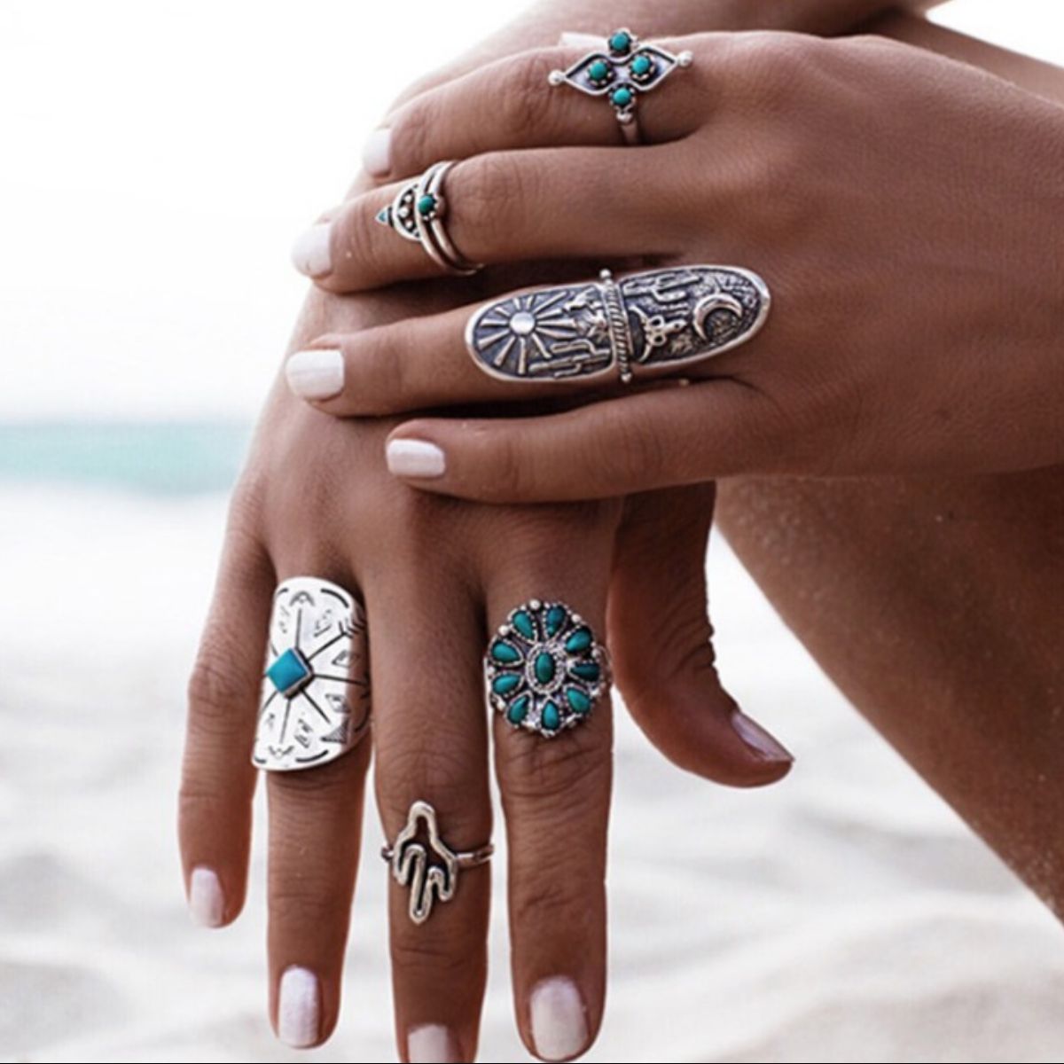 Alloy Turquoise 9-Piece Ring Set - felvior