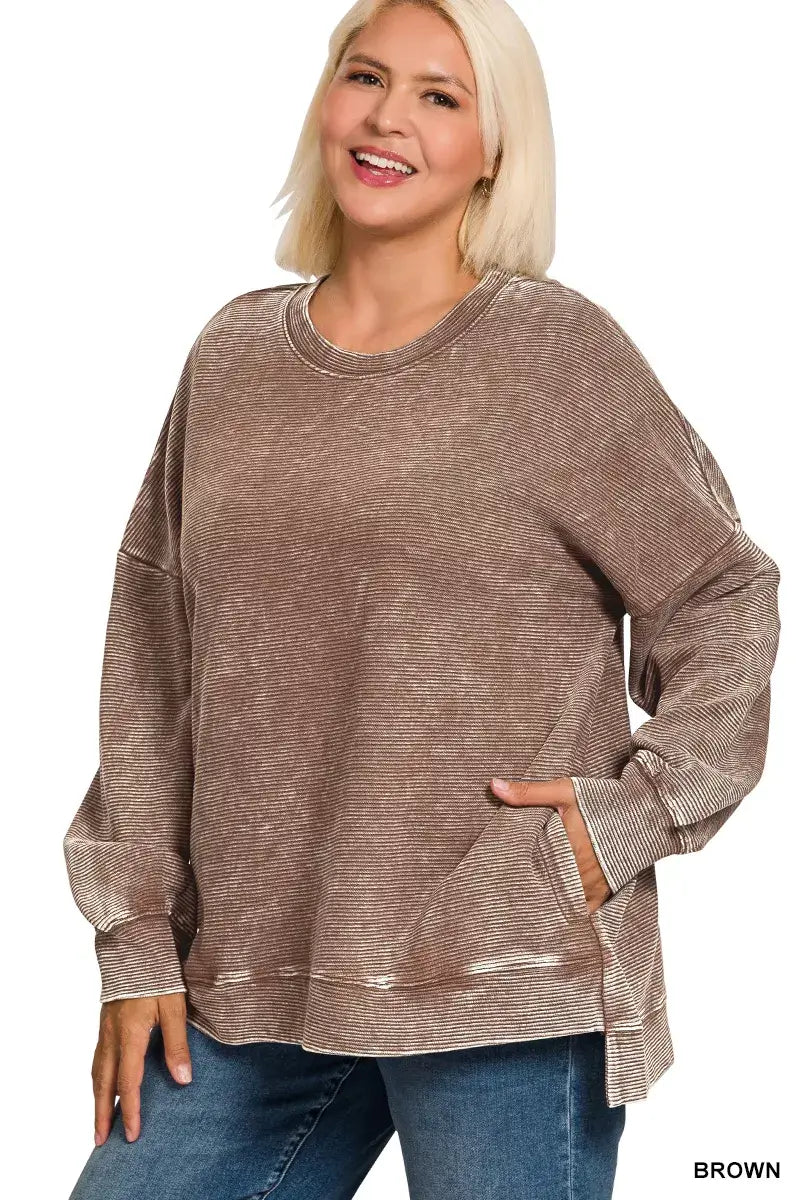 Zenana Full Size Acid Washed Double Ribbed Hi-low Sweatshirt Plus Size