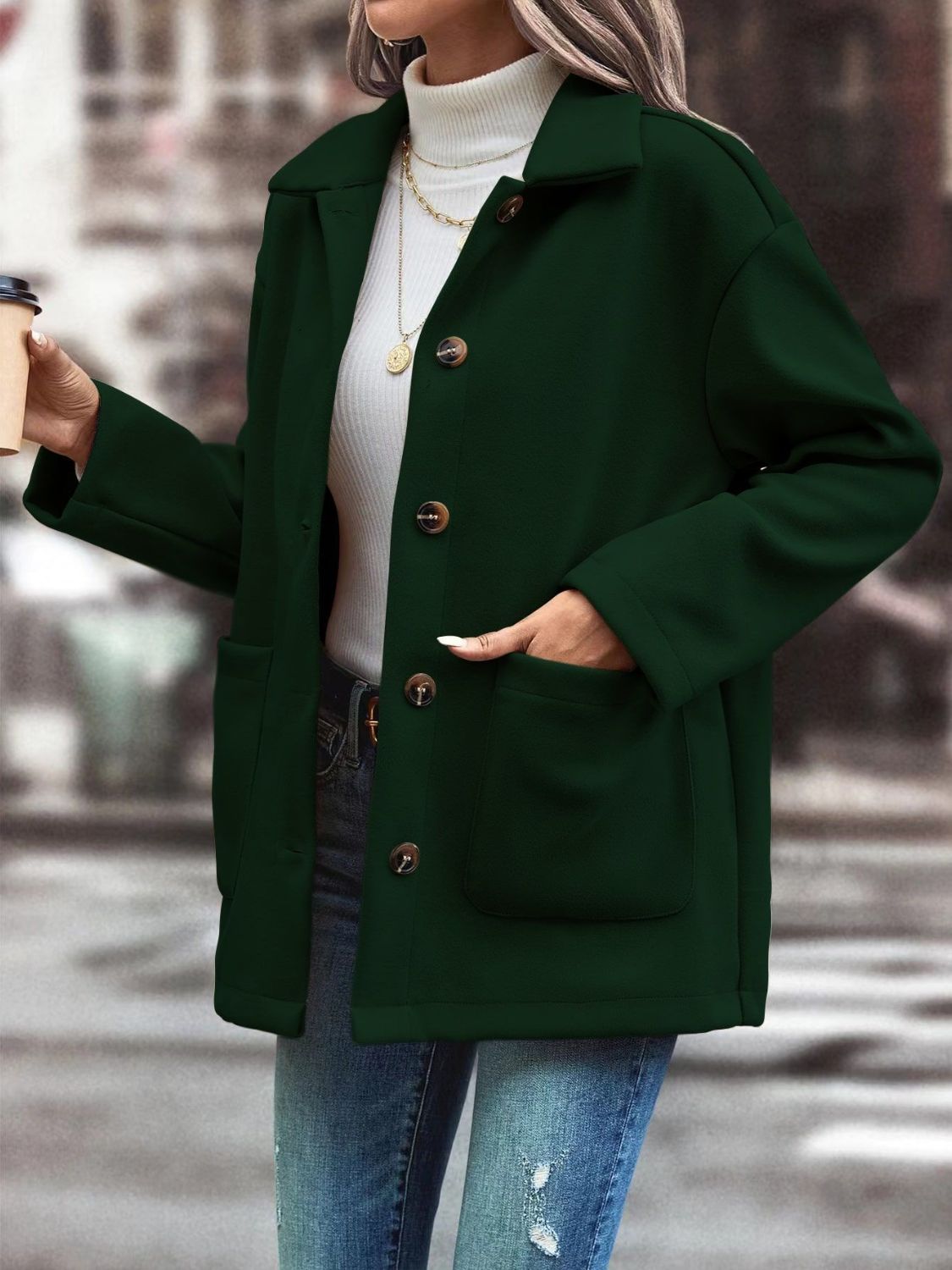 Pocketed Collared Neck Button Up Jacket - felvior