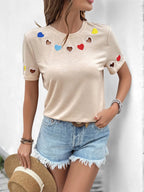 Heart Round Neck Short Sleeve T-Shirt