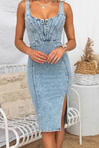 Side Slit Washed Scoop Neck Denim Dress